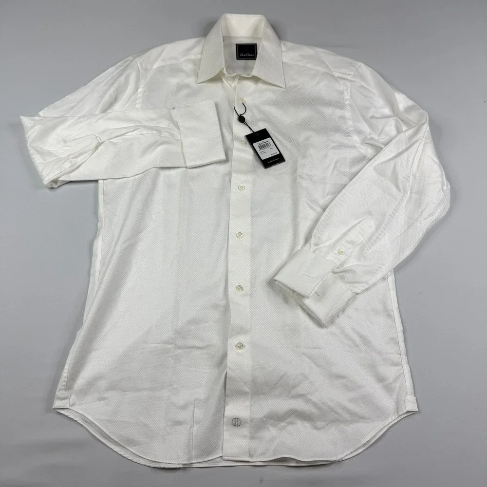 David Donahue Dress Shirt Mens 15 32/33 White Textured French Cuff Cotton NEW
